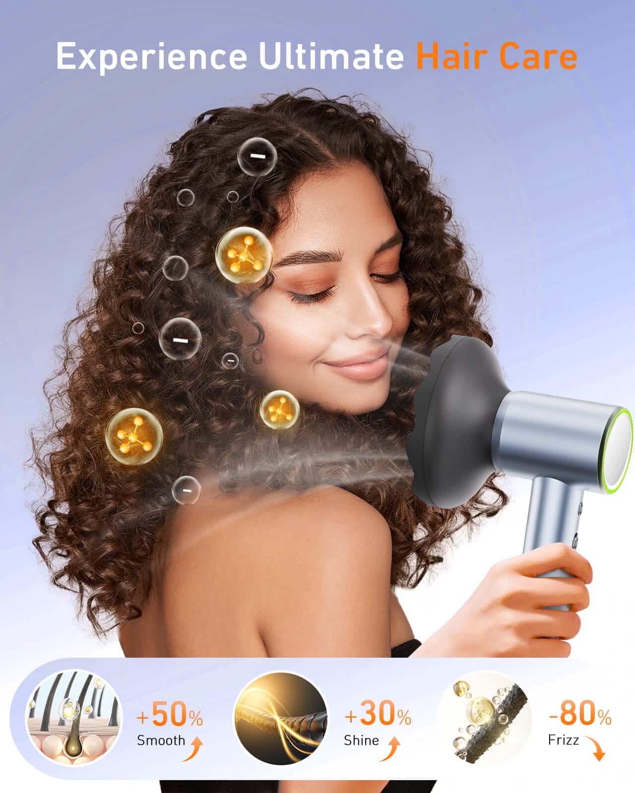 Curly-haired woman using Maxodo hair dryer for smooth and shiny hair