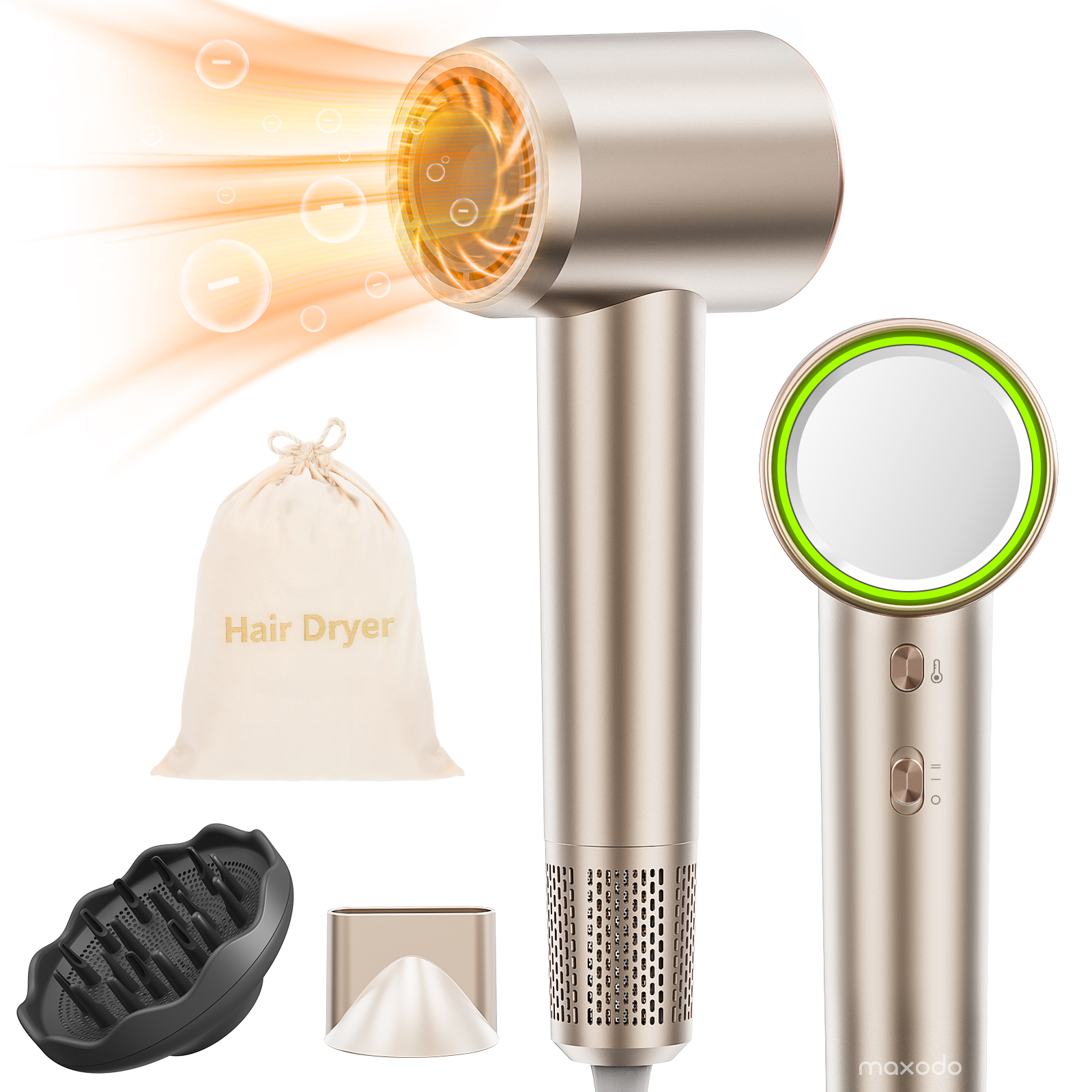 Maxodo Champagne Diffuser Hair Dryer with accessories including nozzle and diffuser